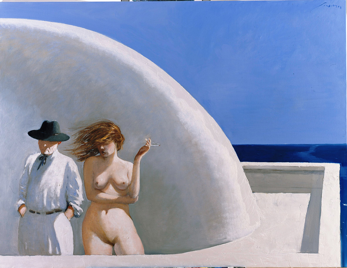 Julio Larraz, The artist and his model, olio su tela, 2011