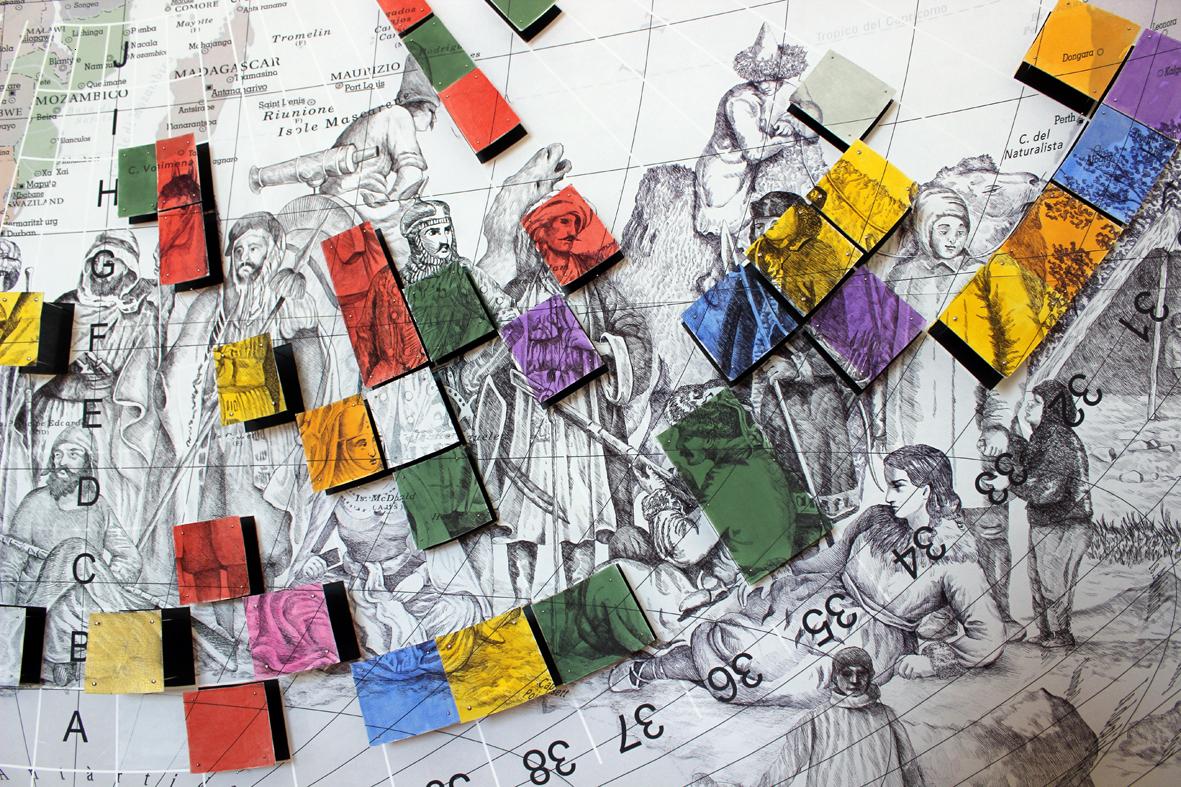 Pietro Ruffo, The Colours of Cultural Map (part) 2015, inchiostro acquerello e ritagli su carta poggiati su tela