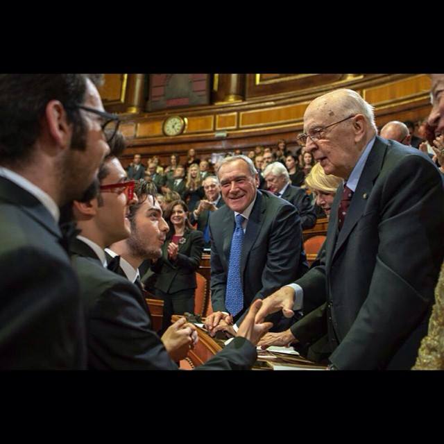 Il Volo dopo l'esibizione al Senato con Piero Grasso e Giorgio Napolitano
