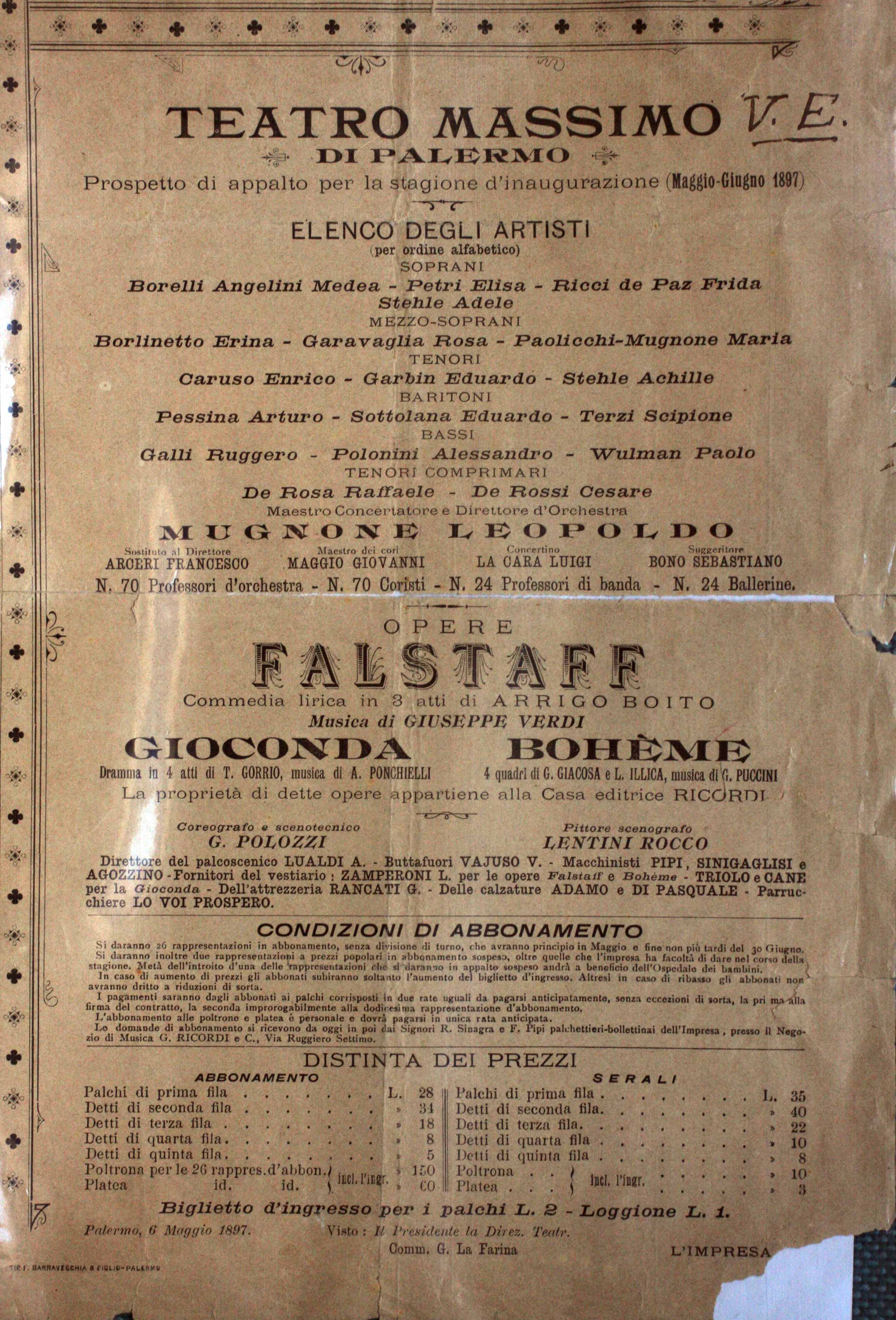 La locandina del Falstaff ched inaugurò il teatro nel 1897