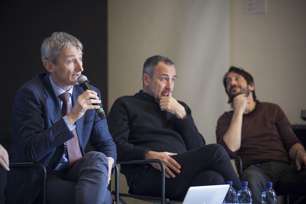 Pier Francesco Pinelli, Giorgio Barberio Corsetti e Marco Foschi alla conferenza stampa