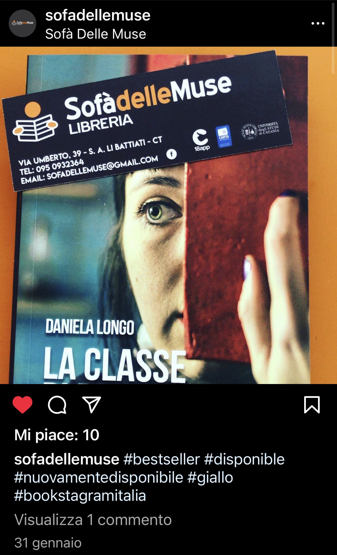 Il post Instagram della Libreria Sofà delle Muse